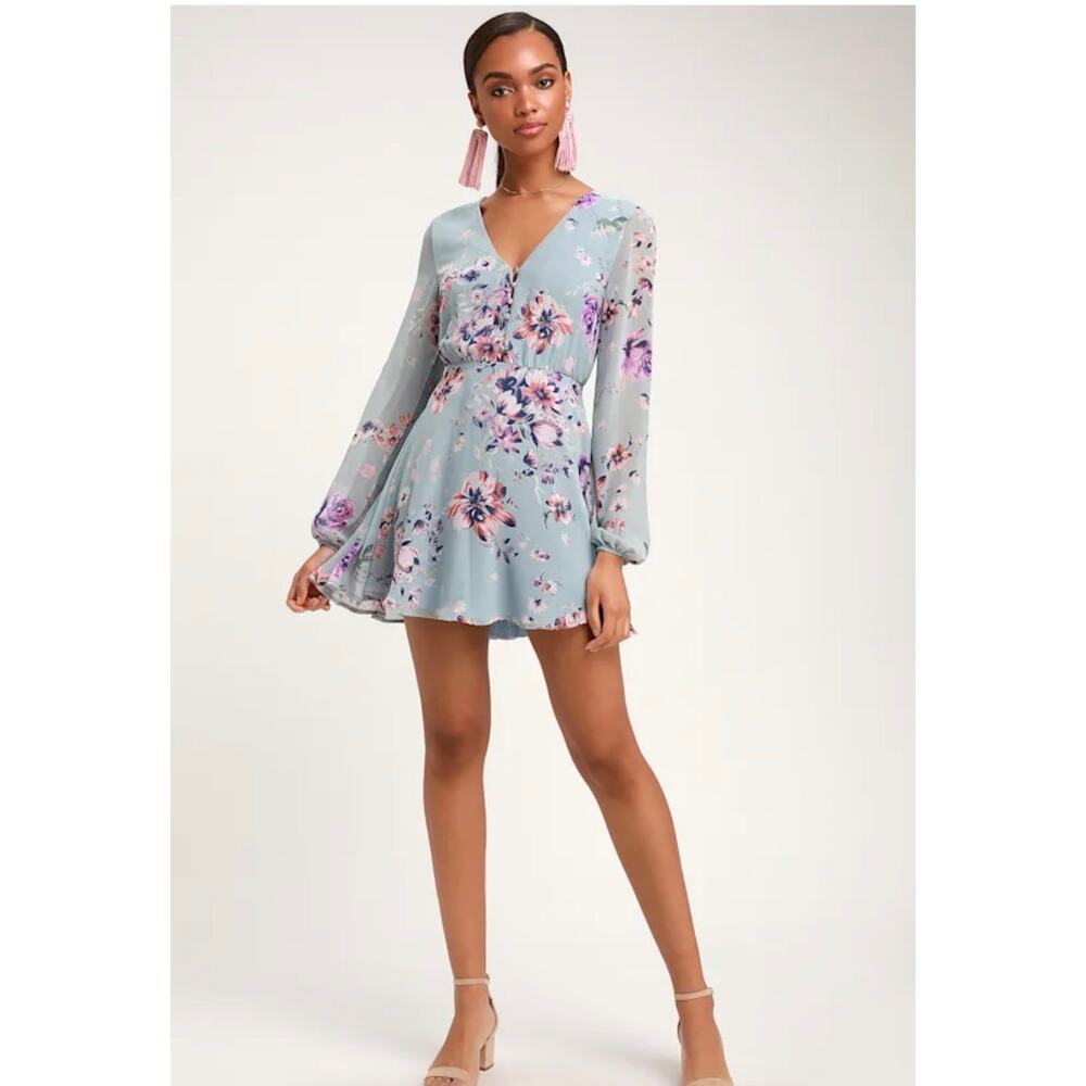 New Lulus Always Yours Light Blue Floral Print Long Sleeve Skater Dress Sz L - Picture 3 of 7